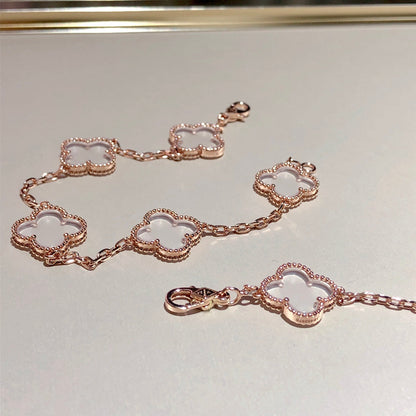 [Angela Jewellery]CLOVER 5 MOTIF ROCK CRYSTAL PINK GOLD BRACELET