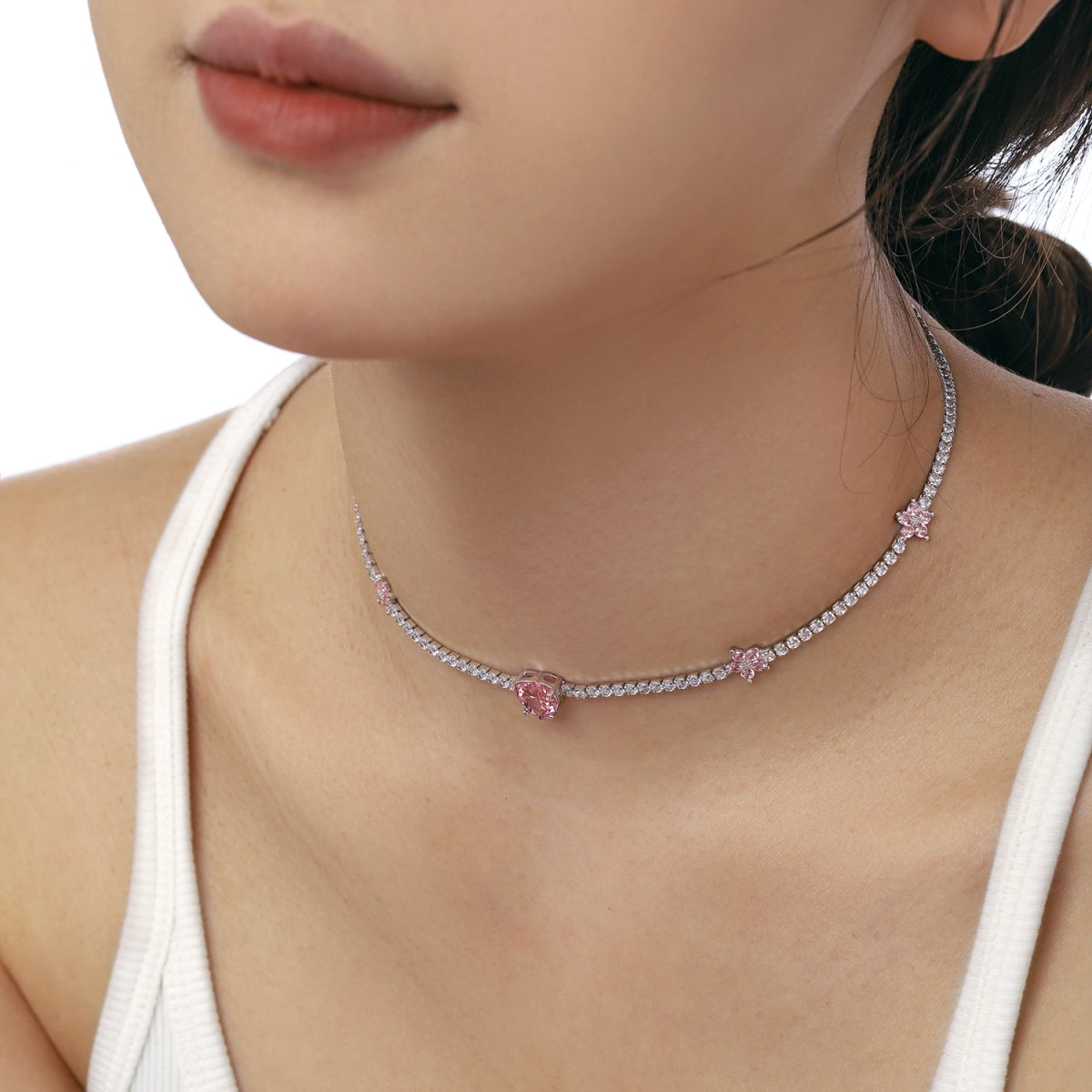Angela Jewelry]Dazzling Pink Heart Flower Necklace