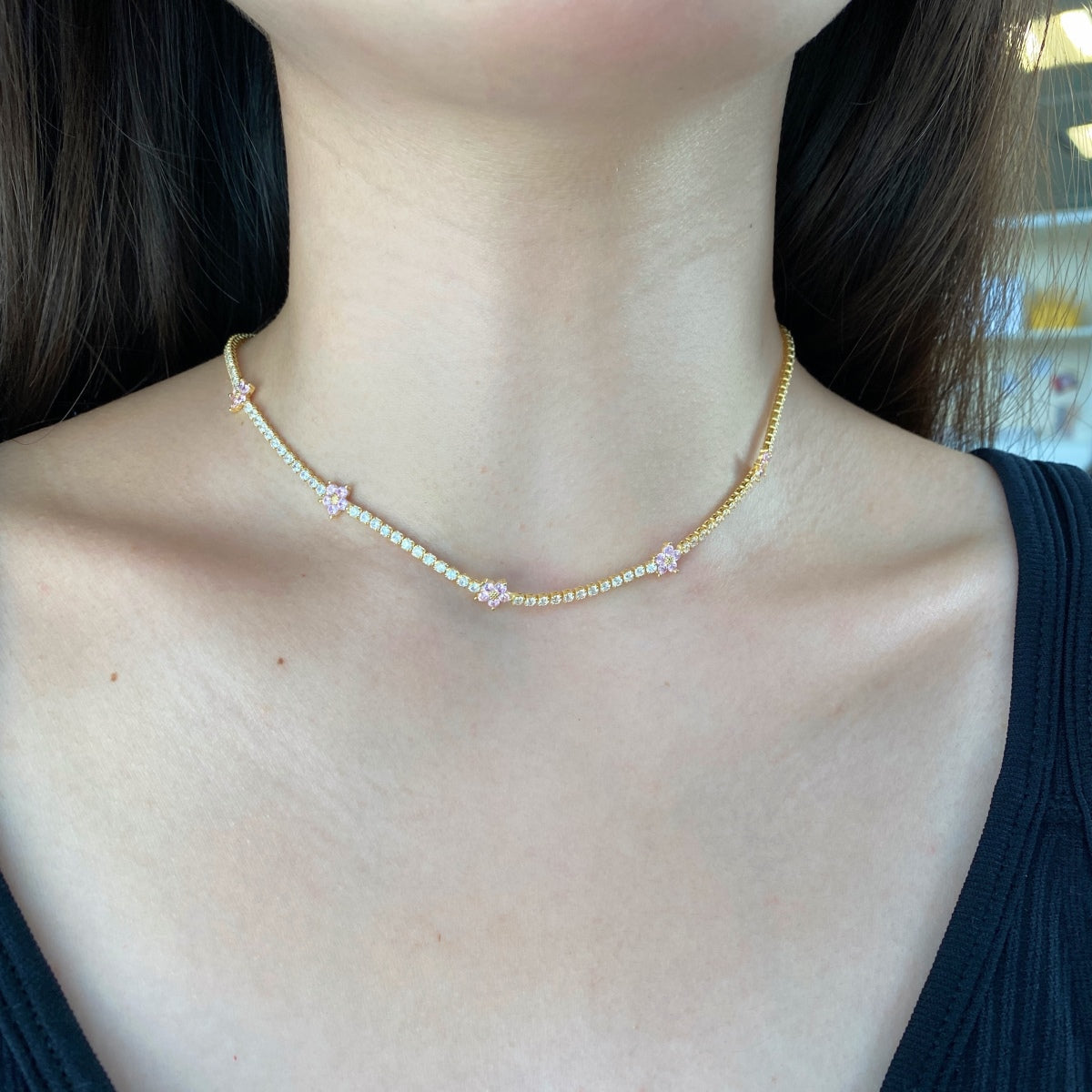 Angela Jewelry]Luxurious Colorful Flower Tennis Necklace