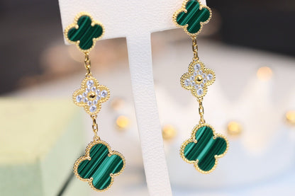 [Angela Jewellery]CLOVER EARRINGS GOLD MALACHITE DIAMOND 3 MOTIF