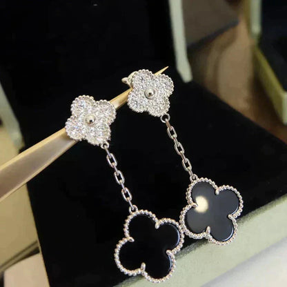 [Angela Jewellery]CLOVER 2 MOTIFS  DIAMOND ONYX EARRINGS SILVER