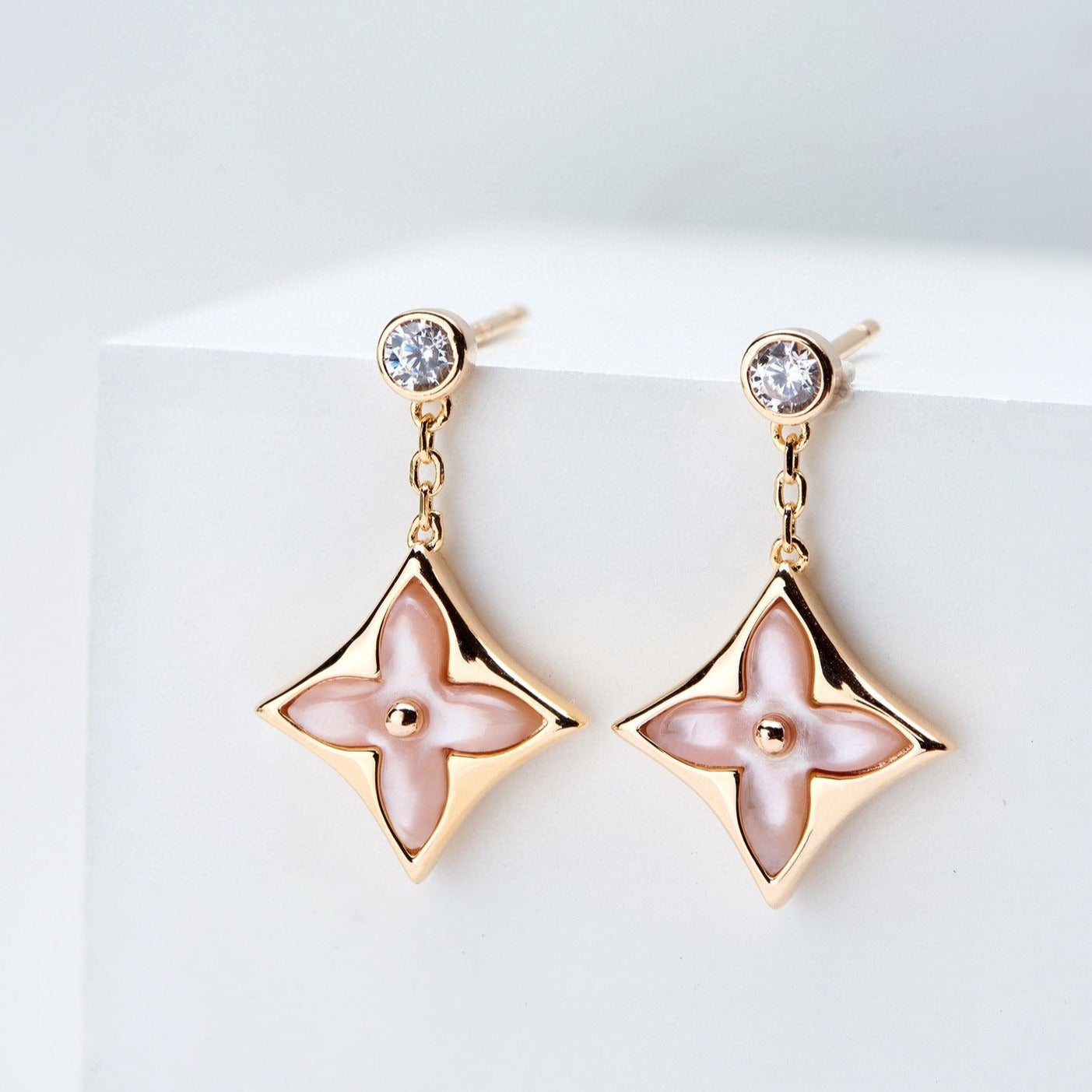 [Angela Jewellery]DOUBLE STAR PINK GOLD MOP DROP EARRINGS