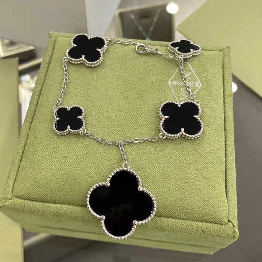 [Angela Jewellery]CLOVER 5 MOTIFS SIVLER ONYX BRACELET