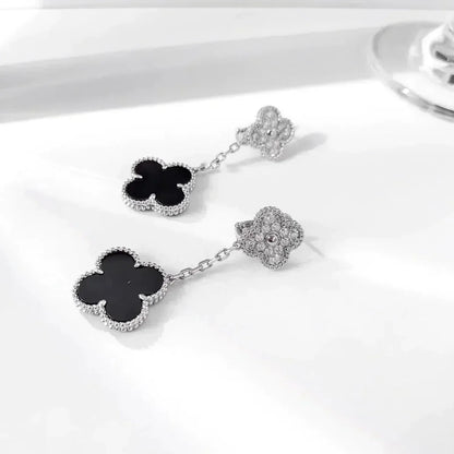 [Angela Jewellery]CLOVER 2 MOTIFS  DIAMOND ONYX EARRINGS SILVER