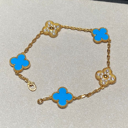 [Angela Jewellery]CLOVER 5 MOTIF BLUE CHALCEDONY DIAMOND GOLD BRACELET