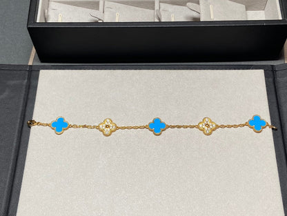 [Angela Jewellery]CLOVER 5 MOTIF BLUE CHALCEDONY DIAMOND GOLD BRACELET
