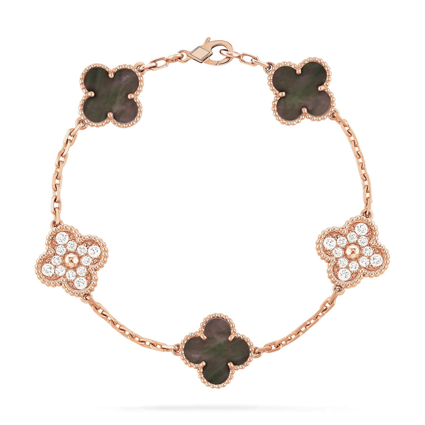[Angela Jewellery]CLOVER 5 MOTIFS DARK MOP AND DIAMONDS PINK GOLD BRACELET