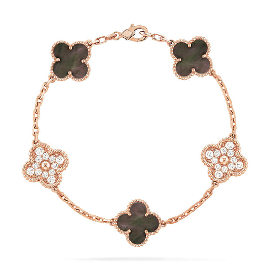 [Angela Jewellery]CLOVER 5 MOTIFS DARK MOP AND DIAMONDS PINK GOLD BRACELET