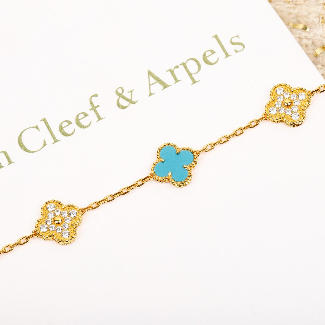 [Angela Jewellery]CLOVER 5 MOTIF TURQUOISE DIAMOND GOLD BRACELET
