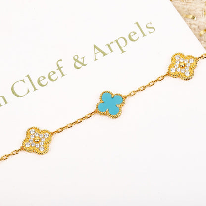 [Angela Jewellery]CLOVER 5 MOTIF TURQUOISE DIAMOND GOLD BRACELET