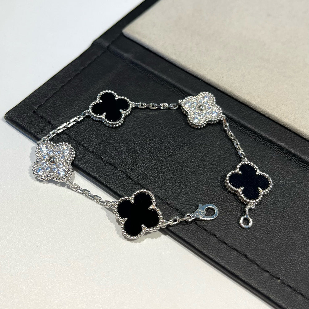 [Angela Jewellery]CLOVER 5 MOTIF ONYXS DIAMOND BRACELET SILVER