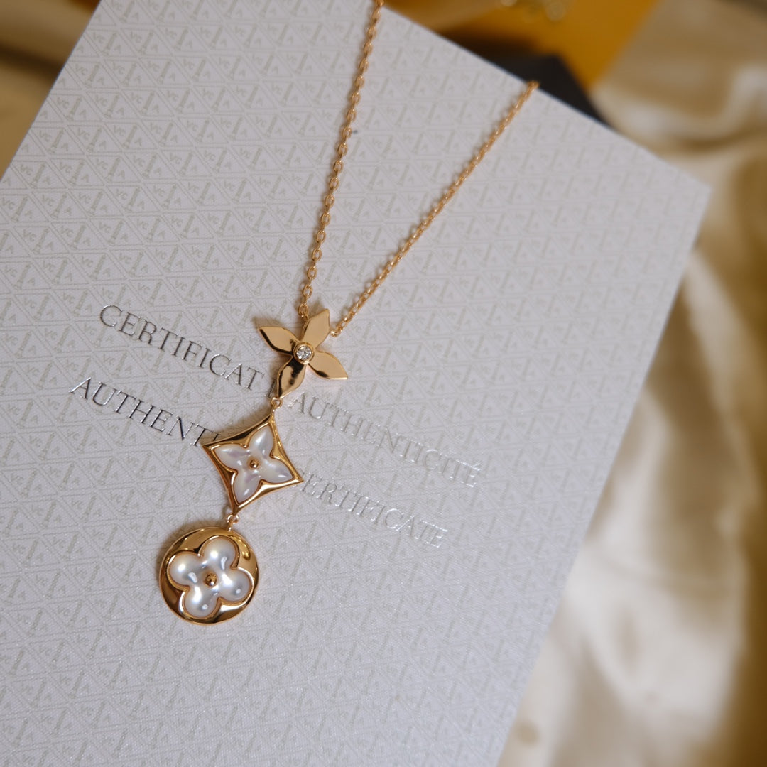 [Angela Jewellery]COLOR BLOSSOM LARIAT NECKLACE PINK GOLD WHITE MOTHER PEARL AND DIAMOND