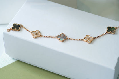 [Angela Jewellery]CLOVER 5 MOTIFS DARK MOP AND DIAMONDS PINK GOLD BRACELET